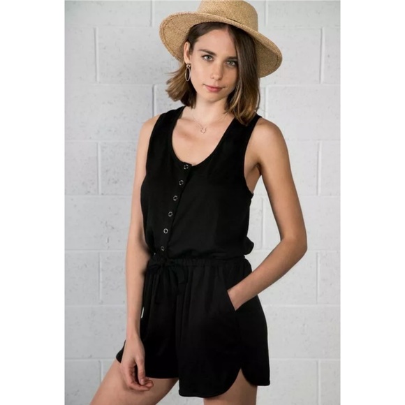 Black Button Front Pocket Sleeveless Romper - Picture 1 of 5